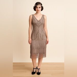 Sue Wong Nocturne Beaded Fringe Dress Size 2 Art Deco Gatsby Cocktail Gown